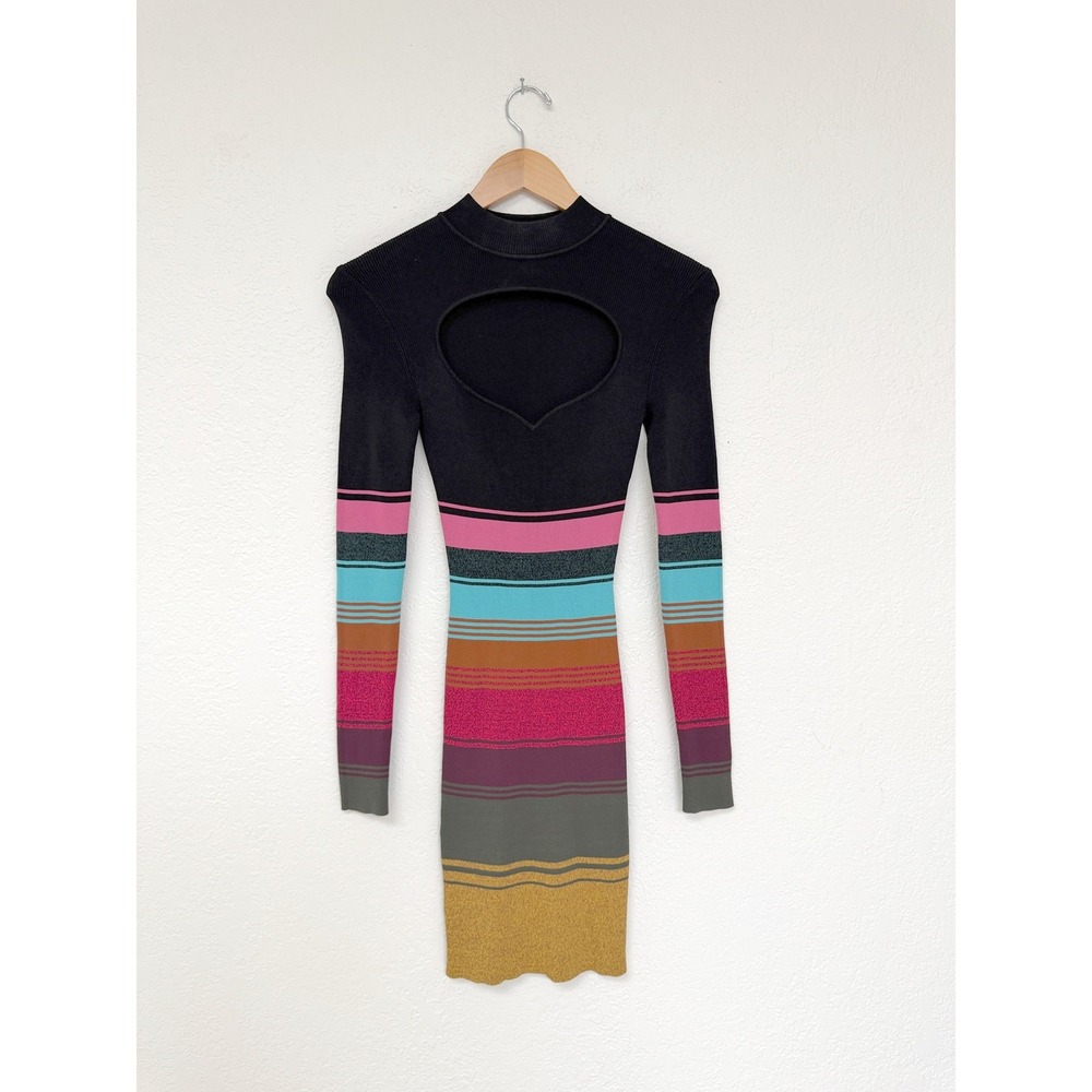 STAUD Rainbow Striped Ribbed Knit Mock Neck Heart Cutout Mini Dress XS